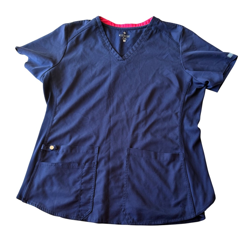 Med Couture Women V-Neck Touch Scrub Top Med Navy Blue Ribbed Healthcare